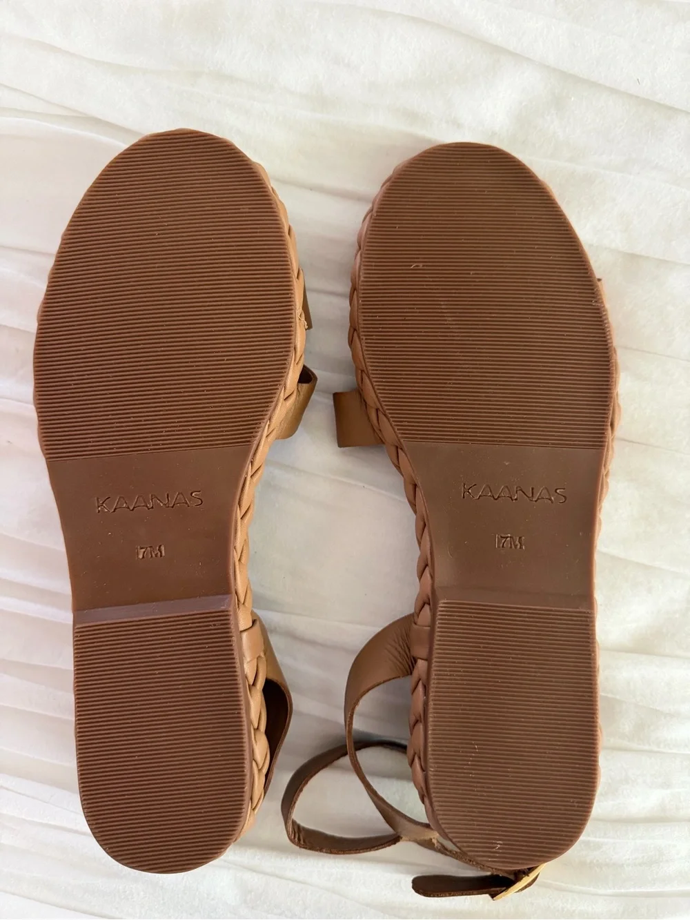 Kaanas Tan Leather Braided Sole Ankle Strap Sandals Size 7M New